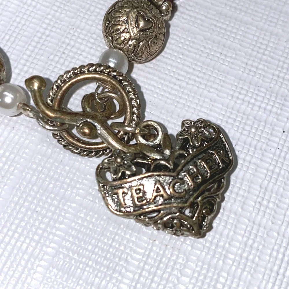 Teacher Inspire Wisdom Heart Charm Toggle Bracelet Silver Tone‎ Beads Red Gems